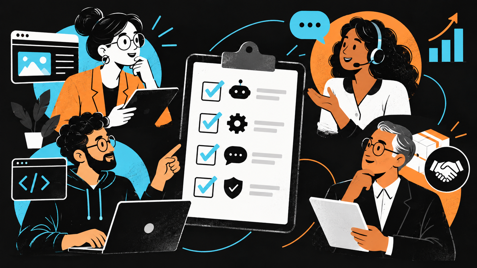 Illustration of a small website team assigning responsibilities for an AI feature launch.