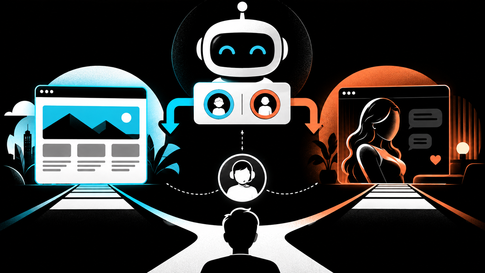 Illustration of an age-aware website interface offering clear routes for different visitors.