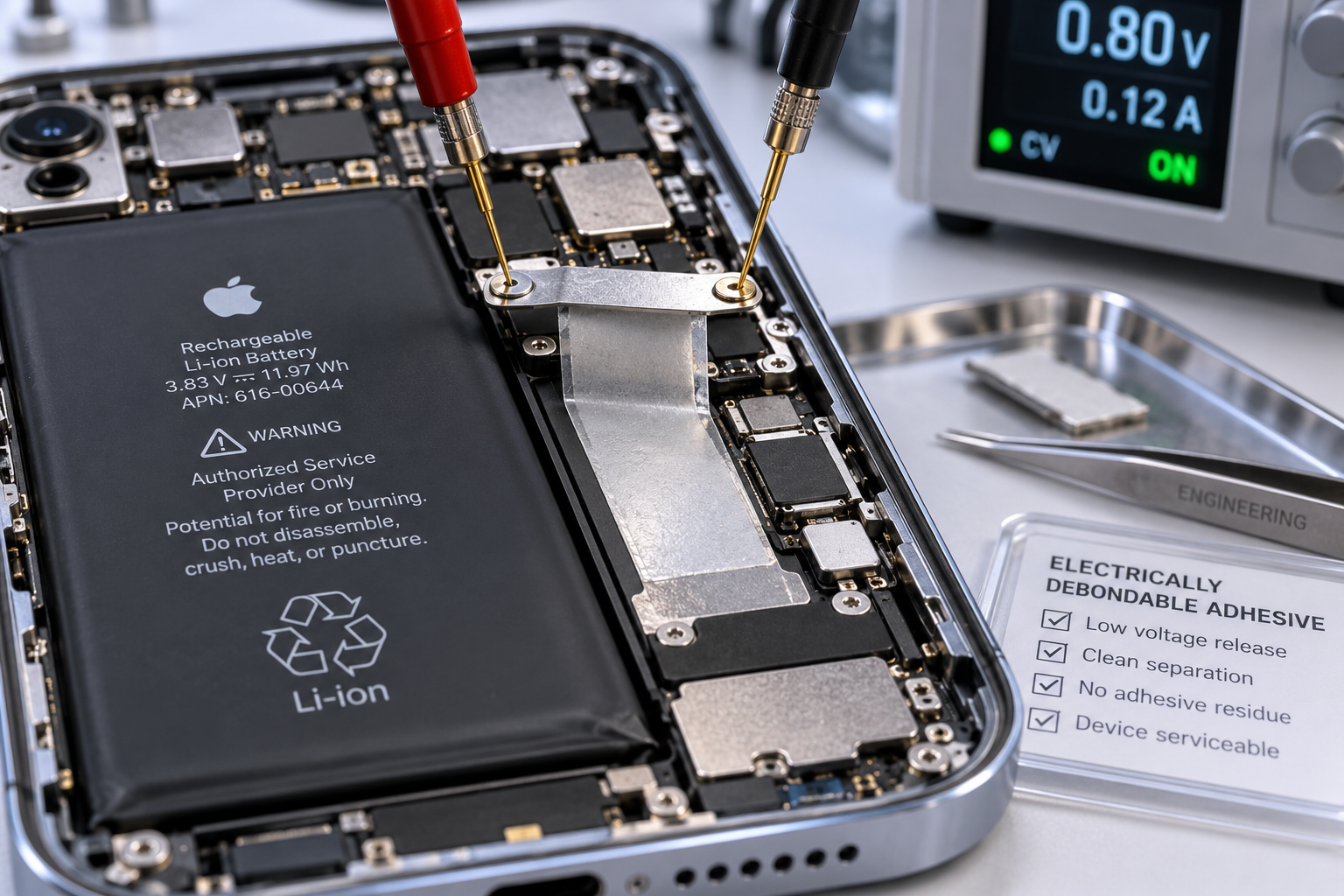 Macro photograph of electrical voltage probes releasing debondable adhesive layer under a smartphone battery.