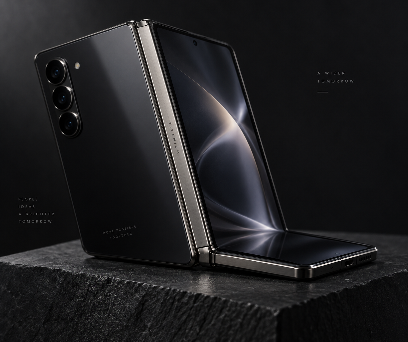 Minimalist editorial studio photograph of a sleek book-style foldable smartphone opening on a dark matte pedestal, highlighting its micro-blasted titanium hinge and polished dark glass back