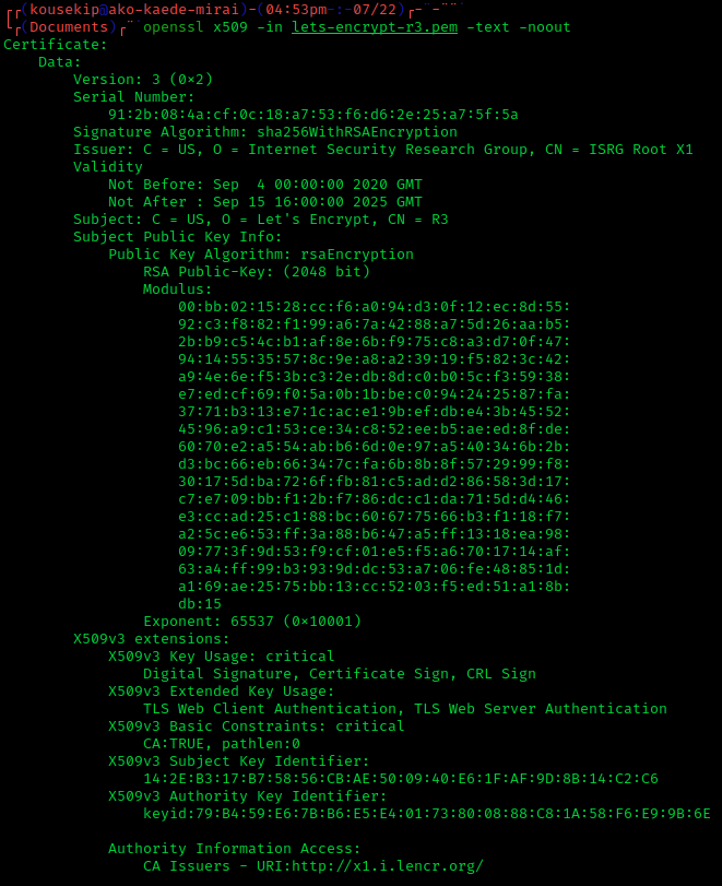 Screenshot of OpenSSL detailing a TLS certificate issued by Let's Encrypt.