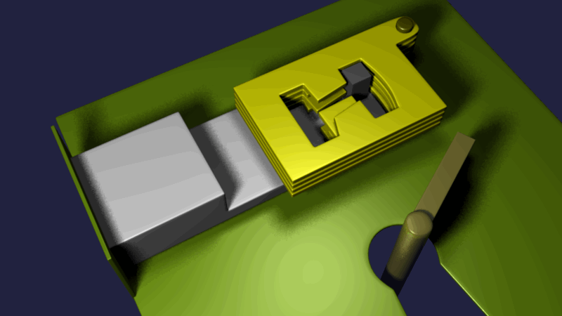 Animated lever tumbler lock showing how several parts must align before the lock opens