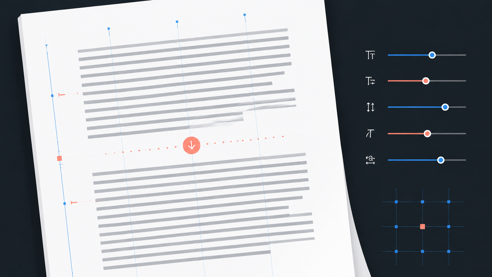 Original illustration of document lines, a typographic grid and variable-font controls.