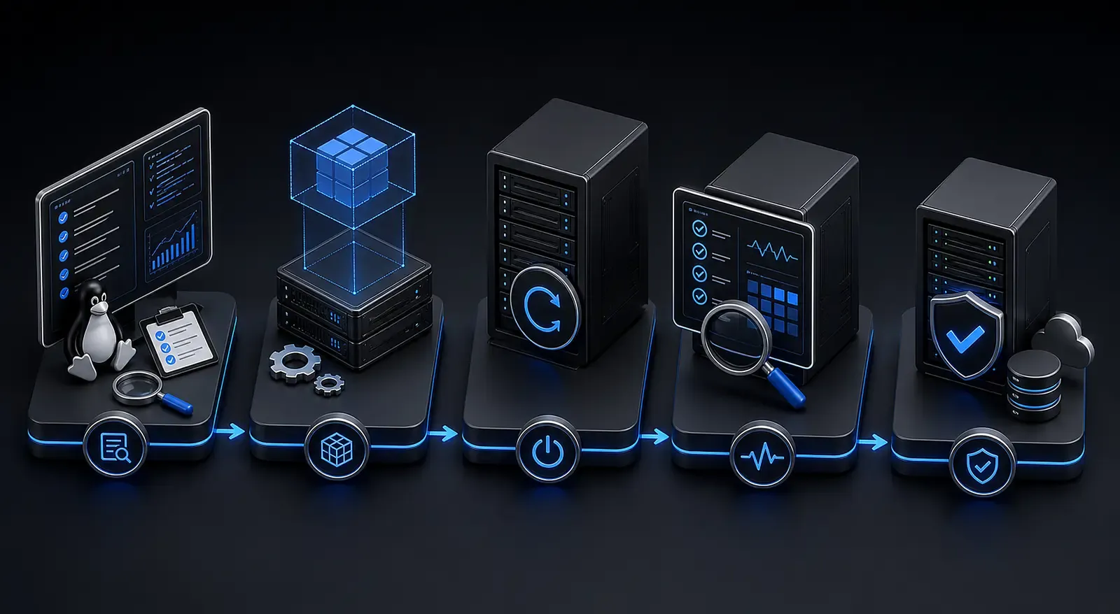 Alur abstrak pemeriksaan, staging, reboot, verifikasi, dan rollback pembaruan server Linux