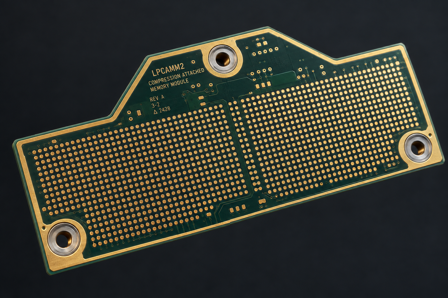 Editorial 3D technical macro rendering of the bottom of an LPCAMM2 module displaying dense gold compression contact pads in a Land Grid Array matrix.