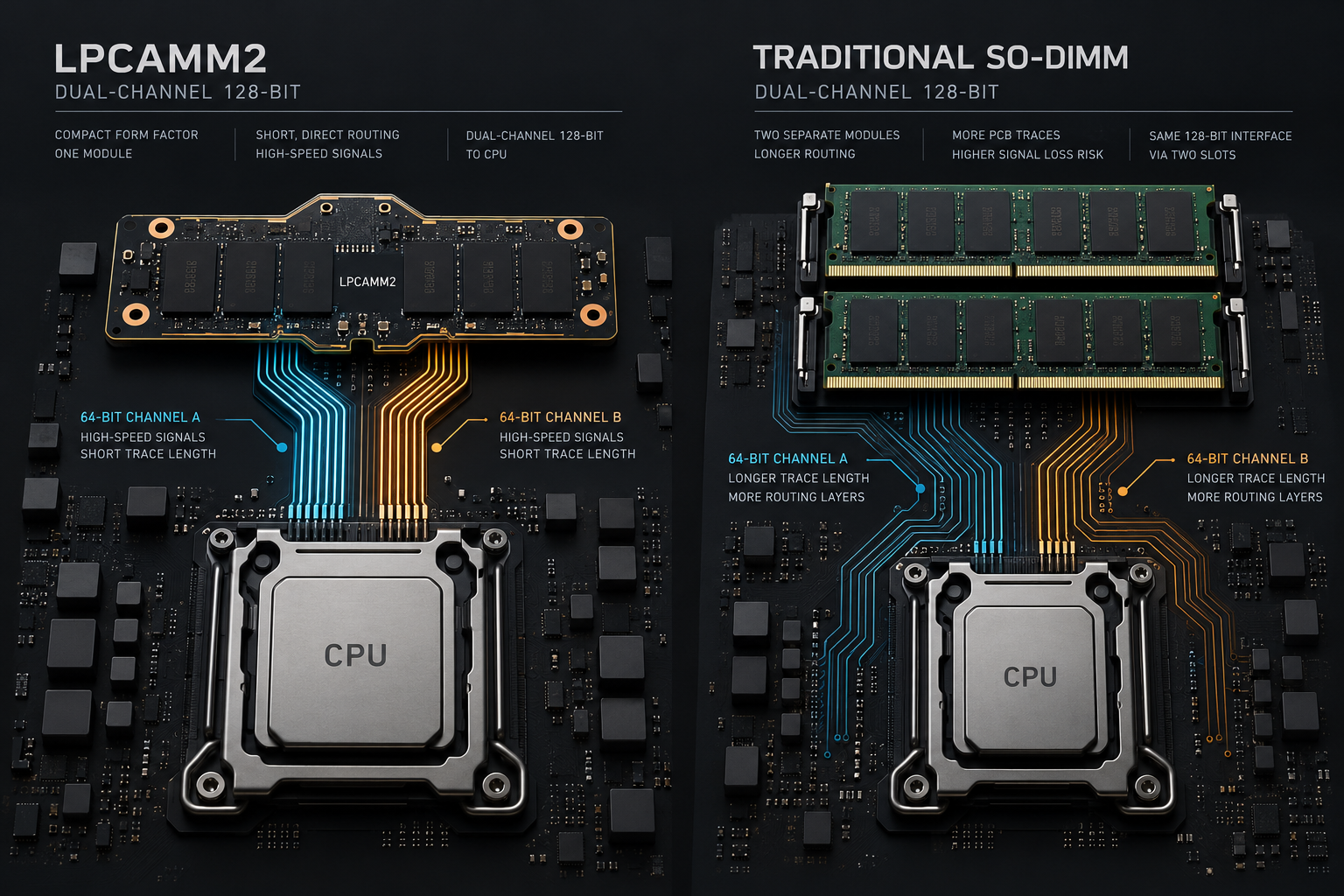 Editorial technical architectural diagram illustrating dual-channel 128-bit memory bus routing on a single compact LPCAMM2 board compared to dual SO-DIMM slots.