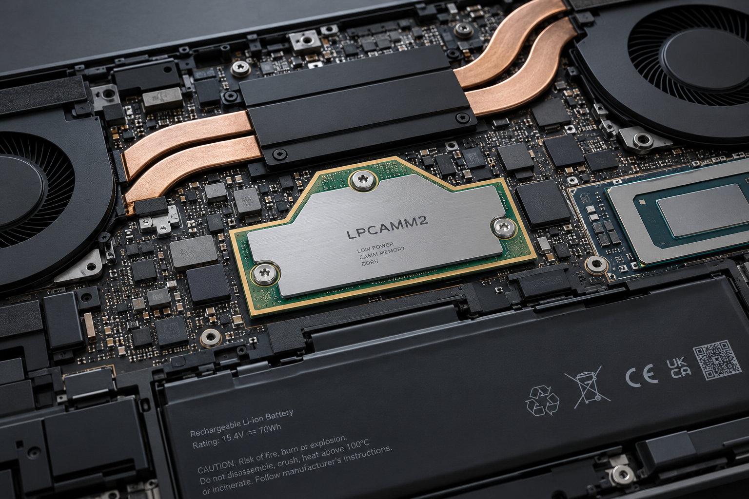 Editorial 3D concept visualization of a modern opened laptop chassis showing a removable LPCAMM2 memory module with green PCB and silver heatspreader secured by three precision screws on the motherboard.