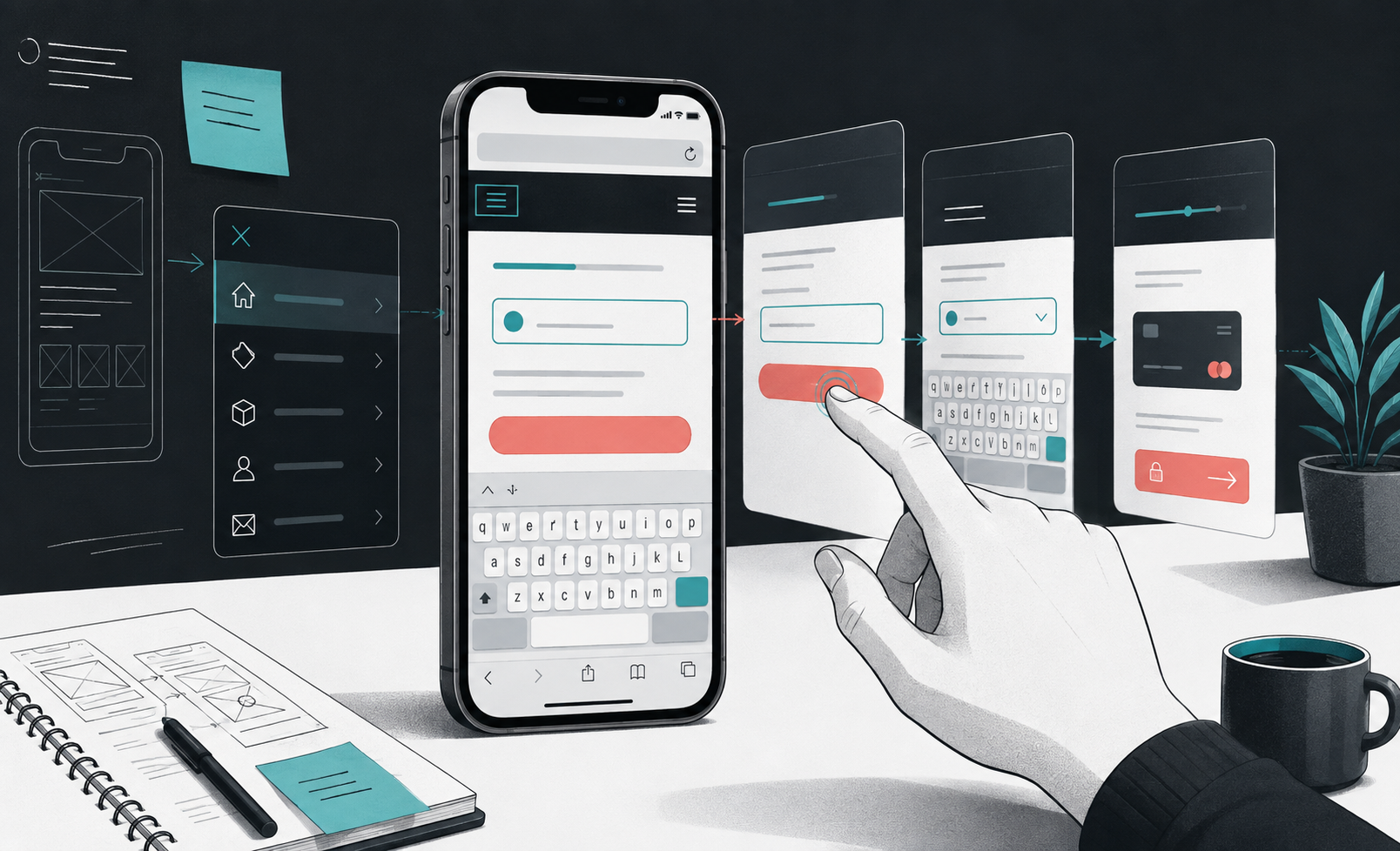 Illustration of a phone browser workflow with form, keyboard, and secure completion states.