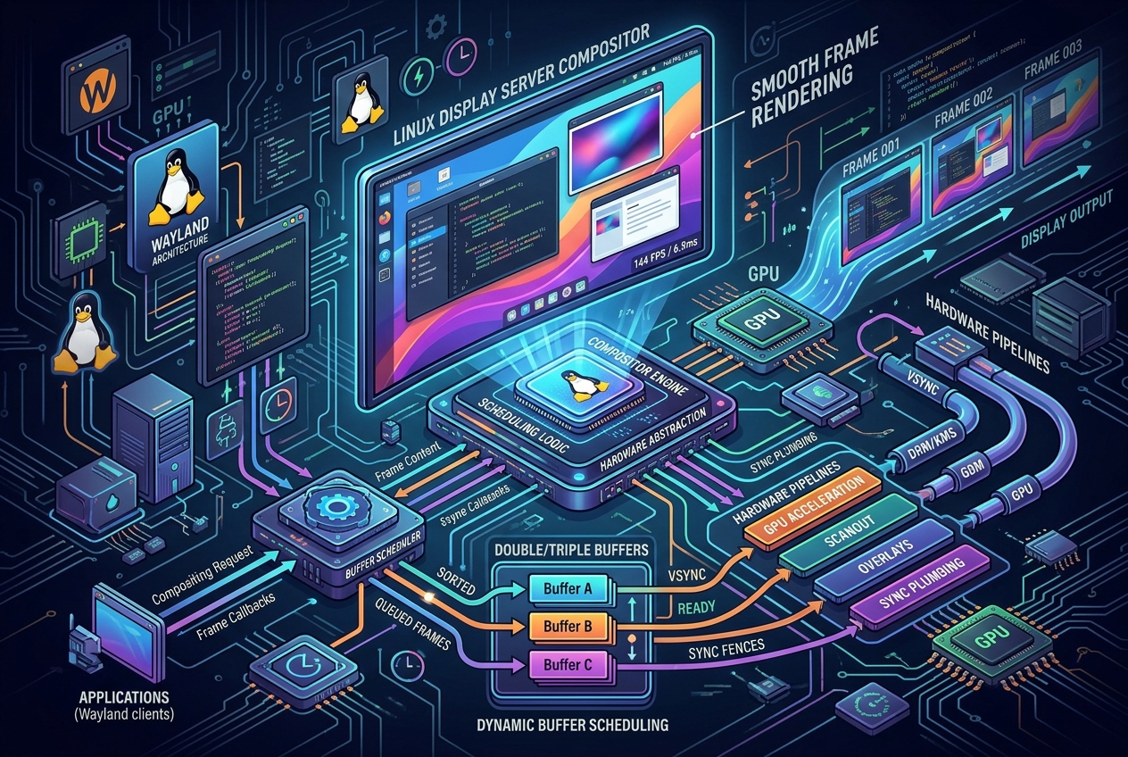 Editorial conceptual illustration showing a modern Linux display server compositor rendering smooth frames with dynamic buffer scheduling.