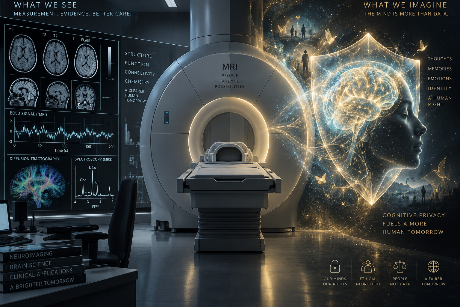 Conceptual illustration contrasting the multi-ton physical reality of medical fMRI hardware with the legal boundaries of cognitive privacy