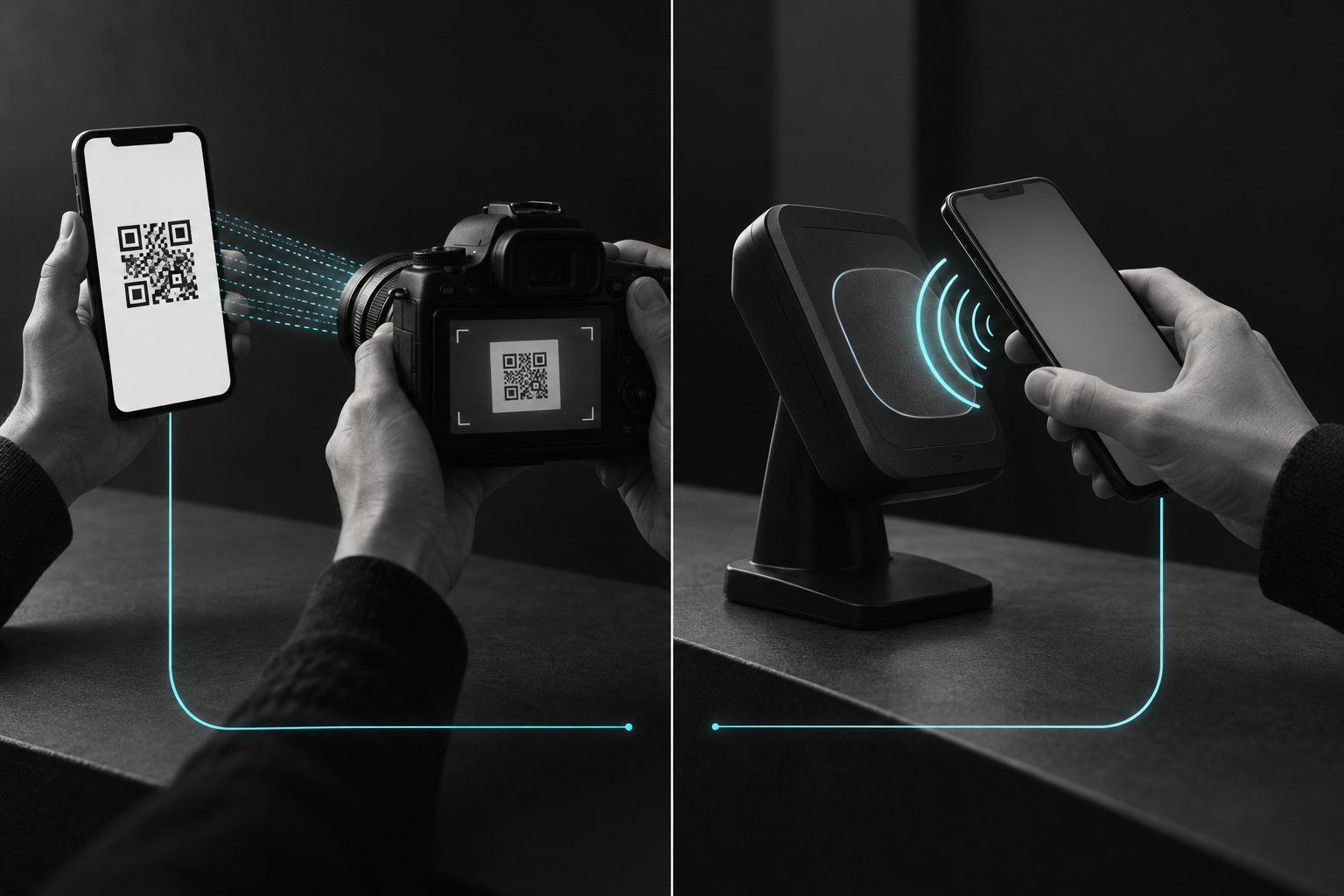 Editorial illustration comparing camera optical capture of a QR code with 13.56 MHz NFC Host Card Emulation data exchange.