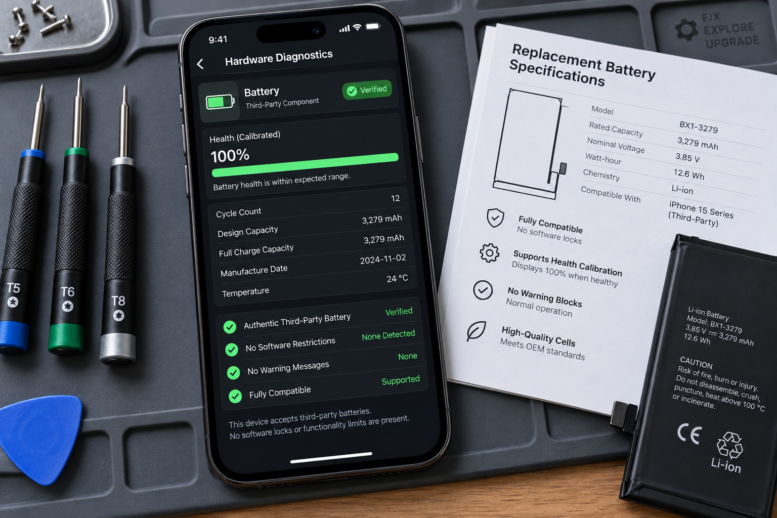 Smartphone screen displaying open hardware battery diagnostics and calibration without parts-pairing restrictions.