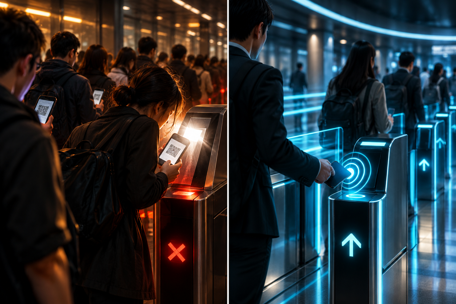 Dark-themed editorial visualization comparing transit gate flow throughput: optical QR camera scanning bottleneck vs seamless 0.3-second contactless NFC radio tap.