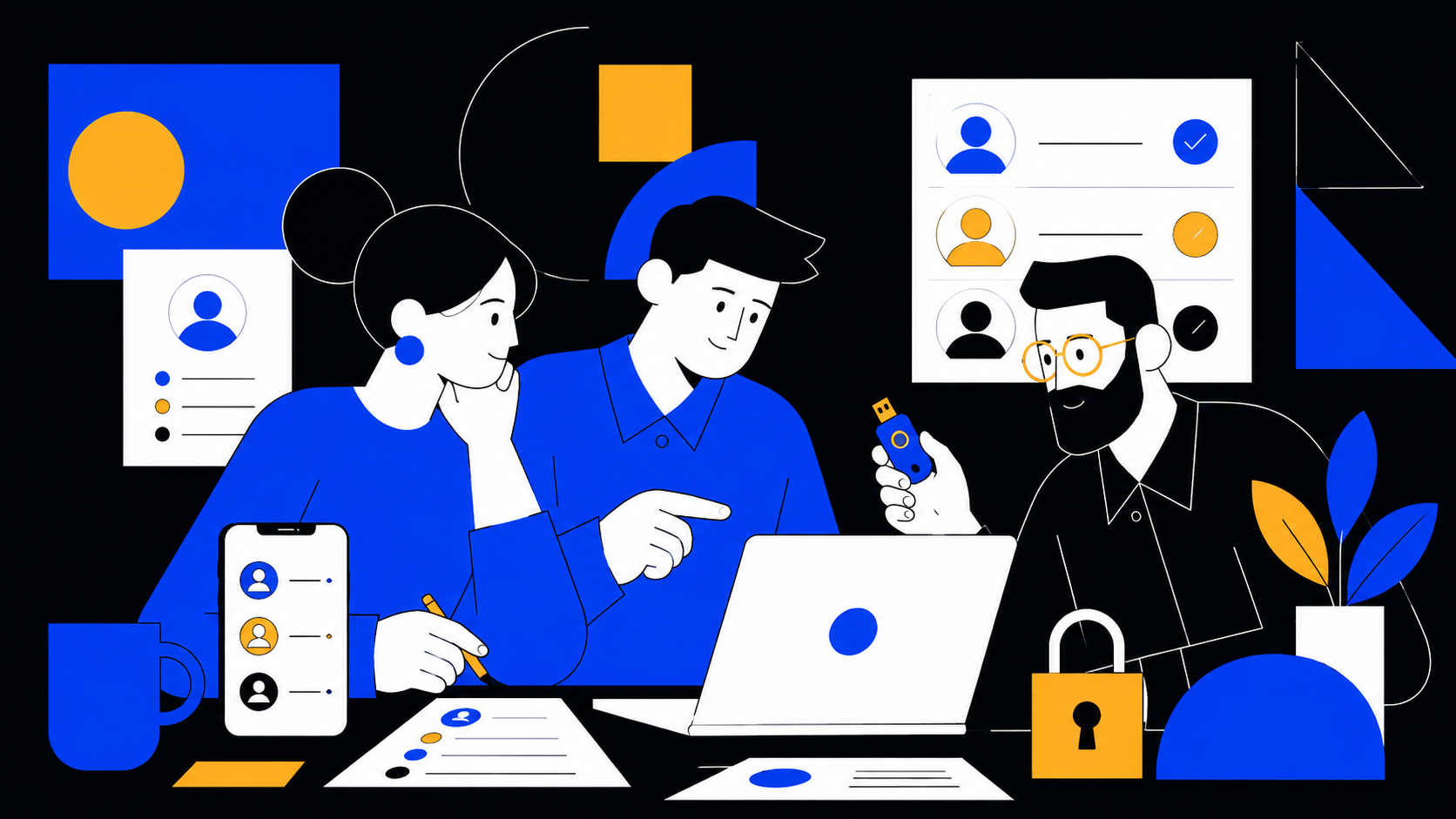 Editorial illustration of a small business team reviewing account access on devices