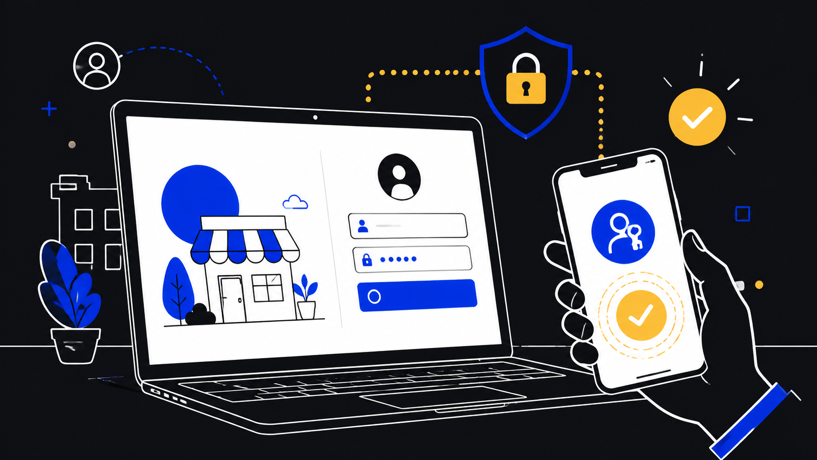 An editorial illustration of a business website login protected by a passkey on a smartphone