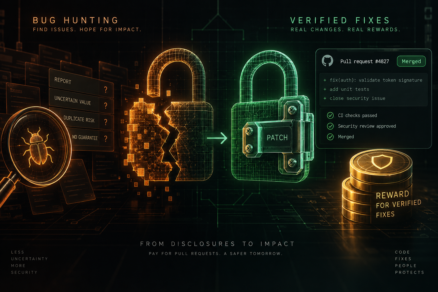Editorial conceptual illustration showing a digital blueprint transitioning from theoretical vulnerability locks to verified engineering patch clamps
