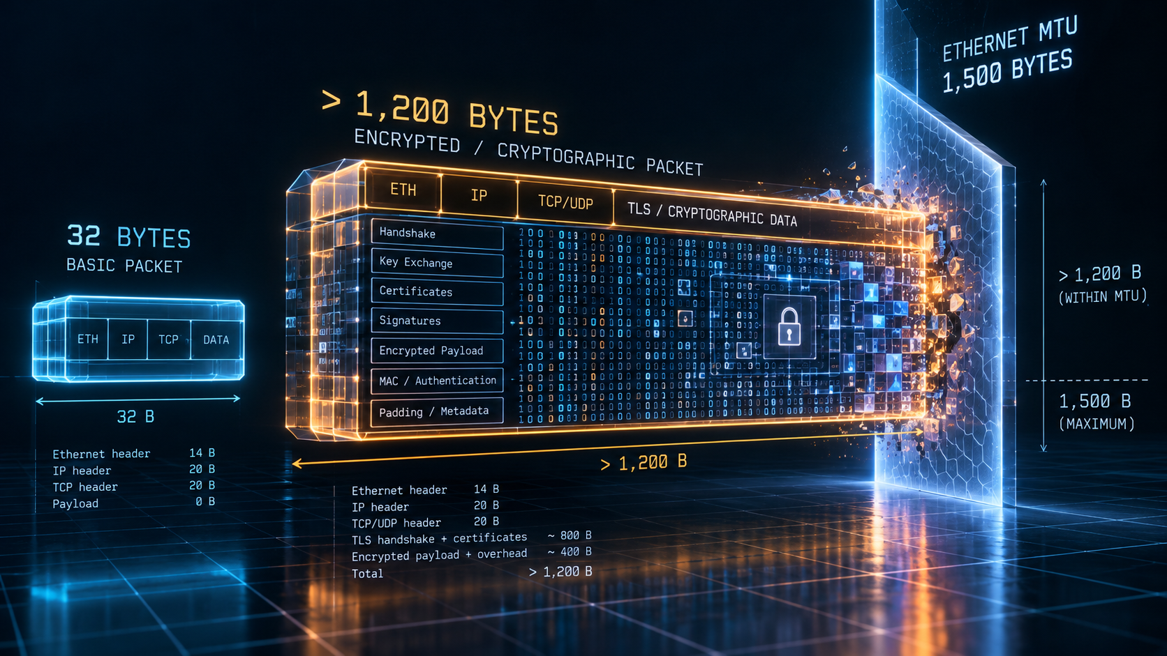 Dark technical visualization comparing classical 32-byte key share against expanded post-quantum payloads approaching Ethernet MTU thresholds.