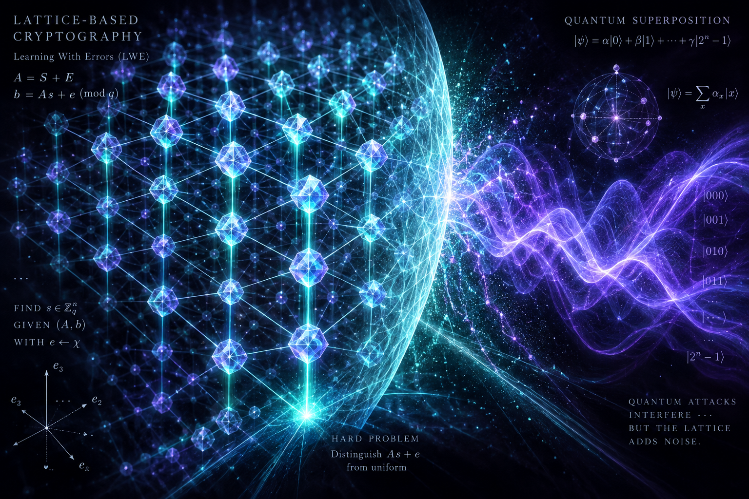 Dark editorial conceptual illustration of lattice-based cryptography showing high-dimensional geometric crystal lattices in deep indigo and teal safeguarding cryptographic secrets.