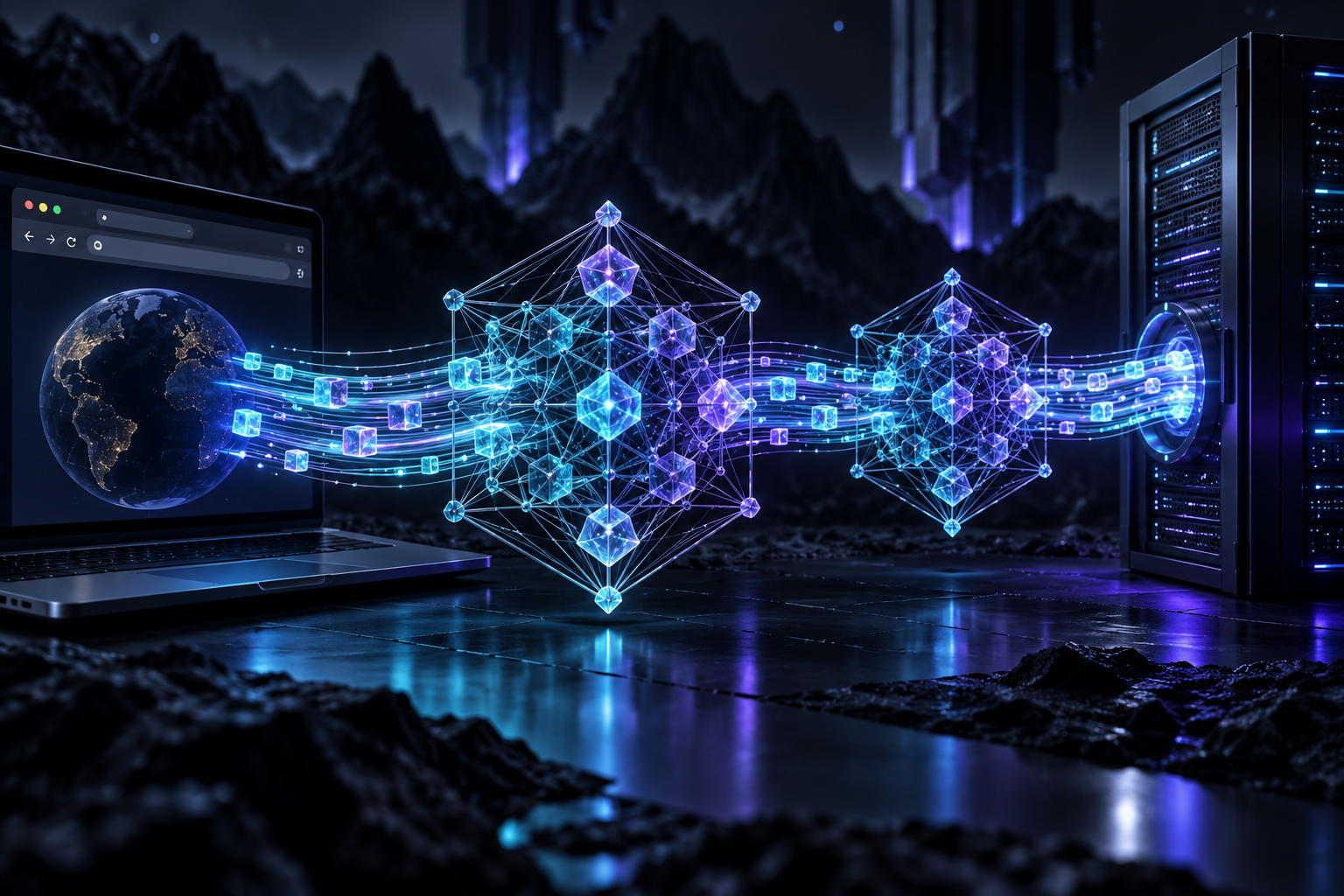 Dark editorial technical illustration of a secure post-quantum cryptographic fiber optic connection with glowing abstract lattice structures safeguarding data packets between a web browser and an edge server.