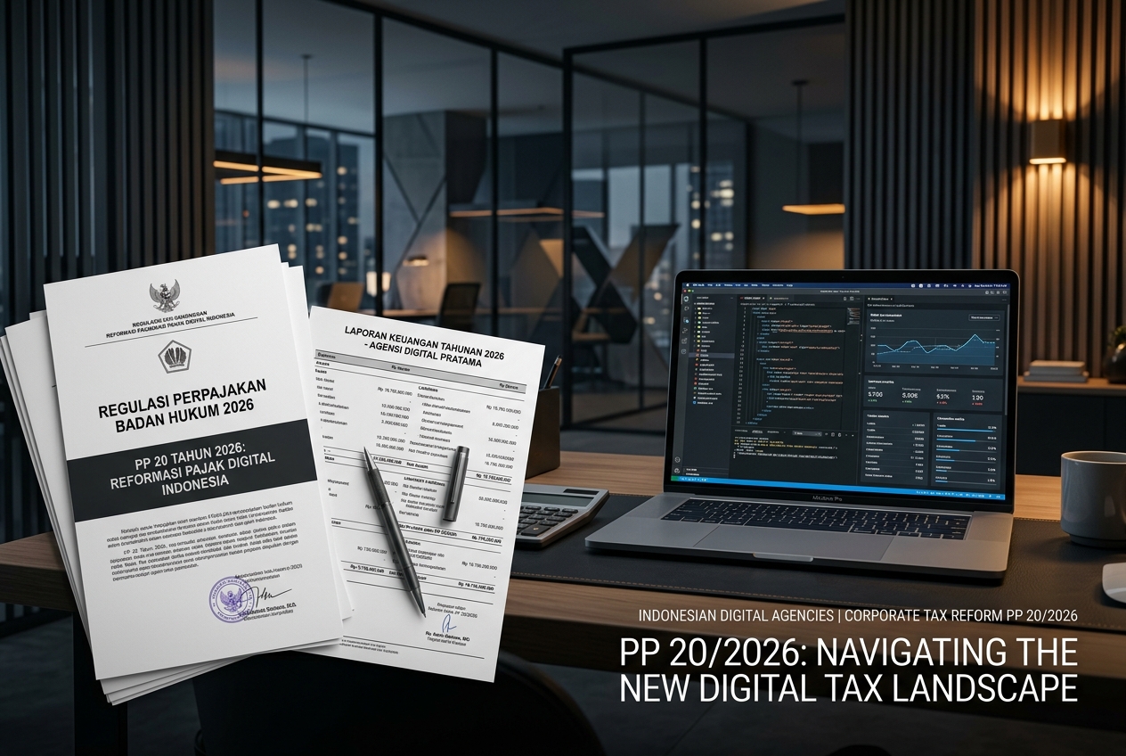 Minimalist editorial graphic illustrating modern digital agency workspace with financial balance sheets and Indonesian tax reform documents.