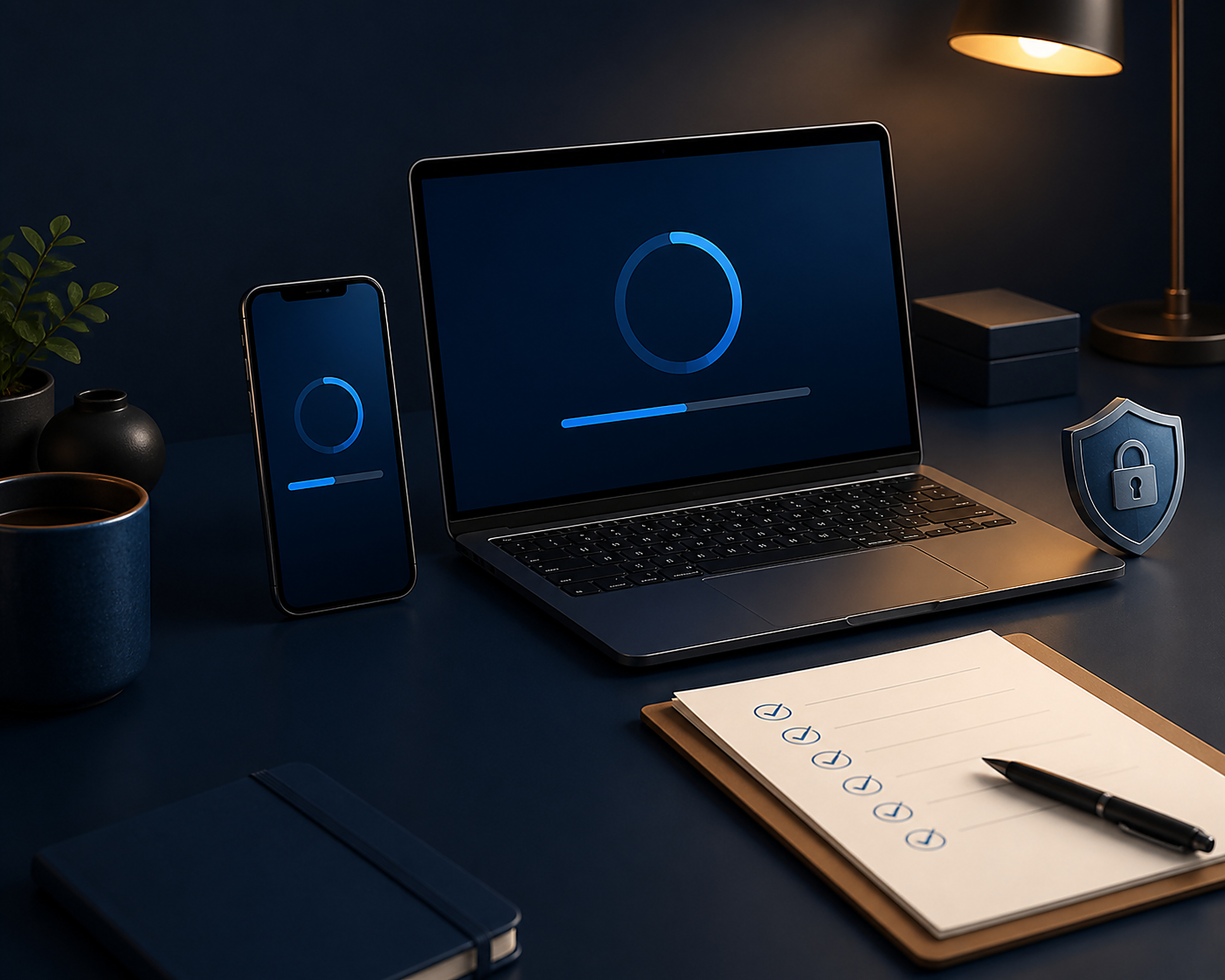 Editorial illustration of a phone, laptop, update indicators, and a backup checklist