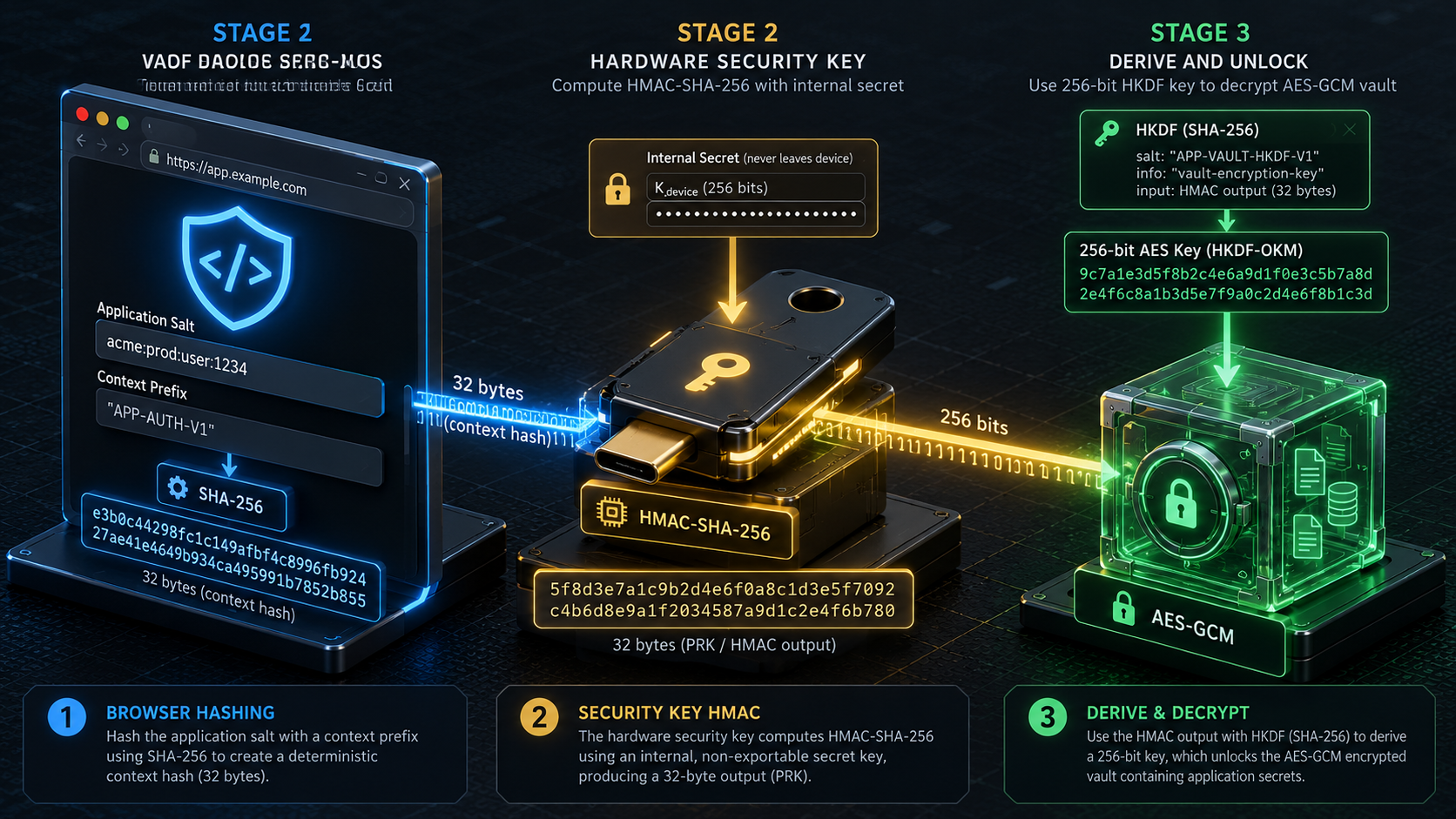 Diagram teknis editorial memperlihatkan alur hash garam WebAuthn PRF menuju CTAP2 hmac-secret dan HKDF SHA-256 untuk menurunkan kunci AES-256-GCM.