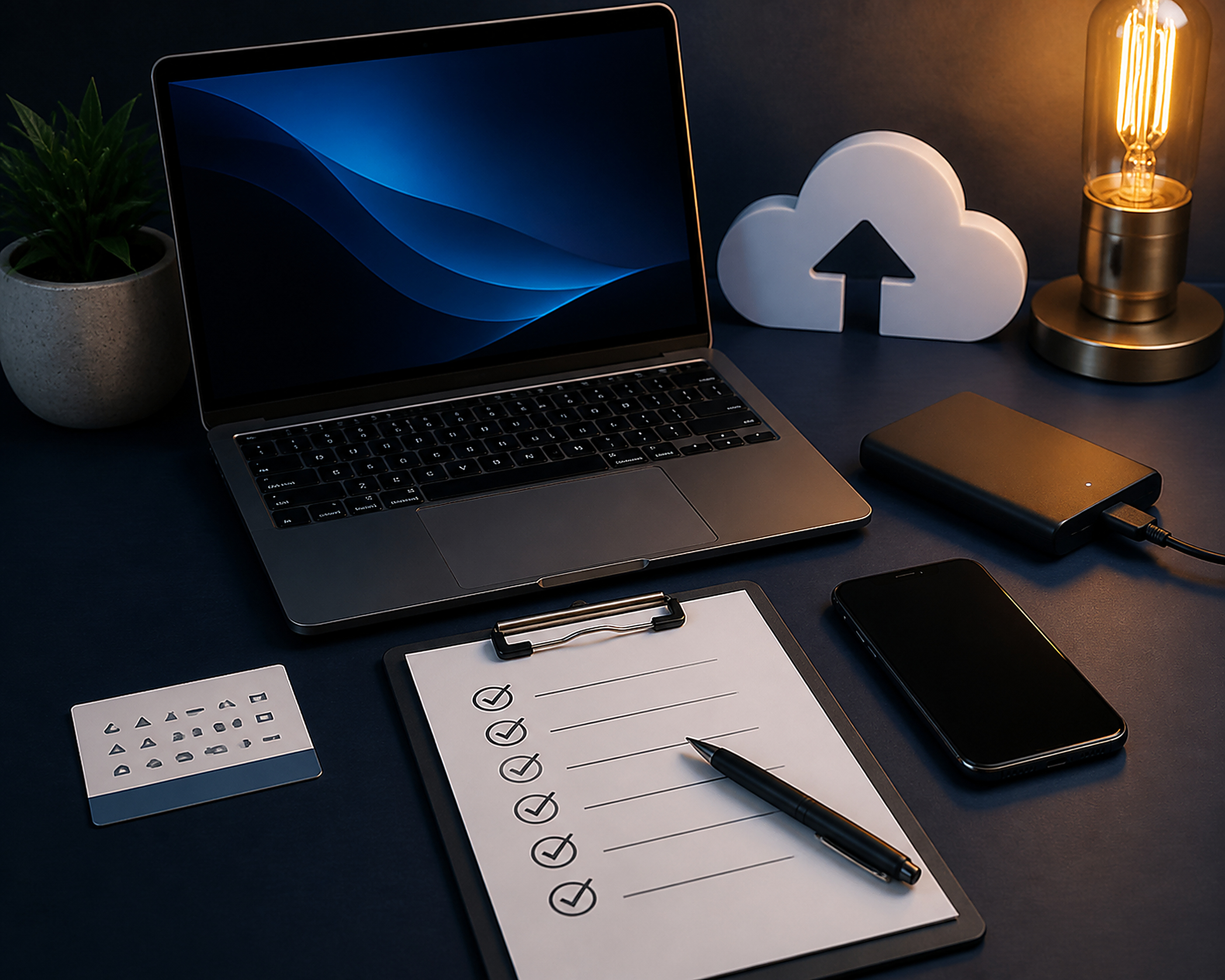 Editorial still life of a laptop, phone, backup drive, recovery card, and maintenance checklist