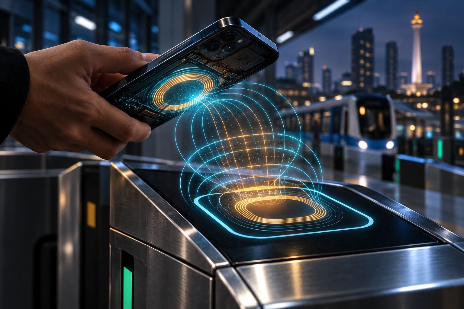 Striking dark-themed editorial illustration of a modern smartphone tapping against an NFC transit turnstile sensor in Jakarta with glowing cyan and amber 13.56 MHz electromagnetic radio wave rings.