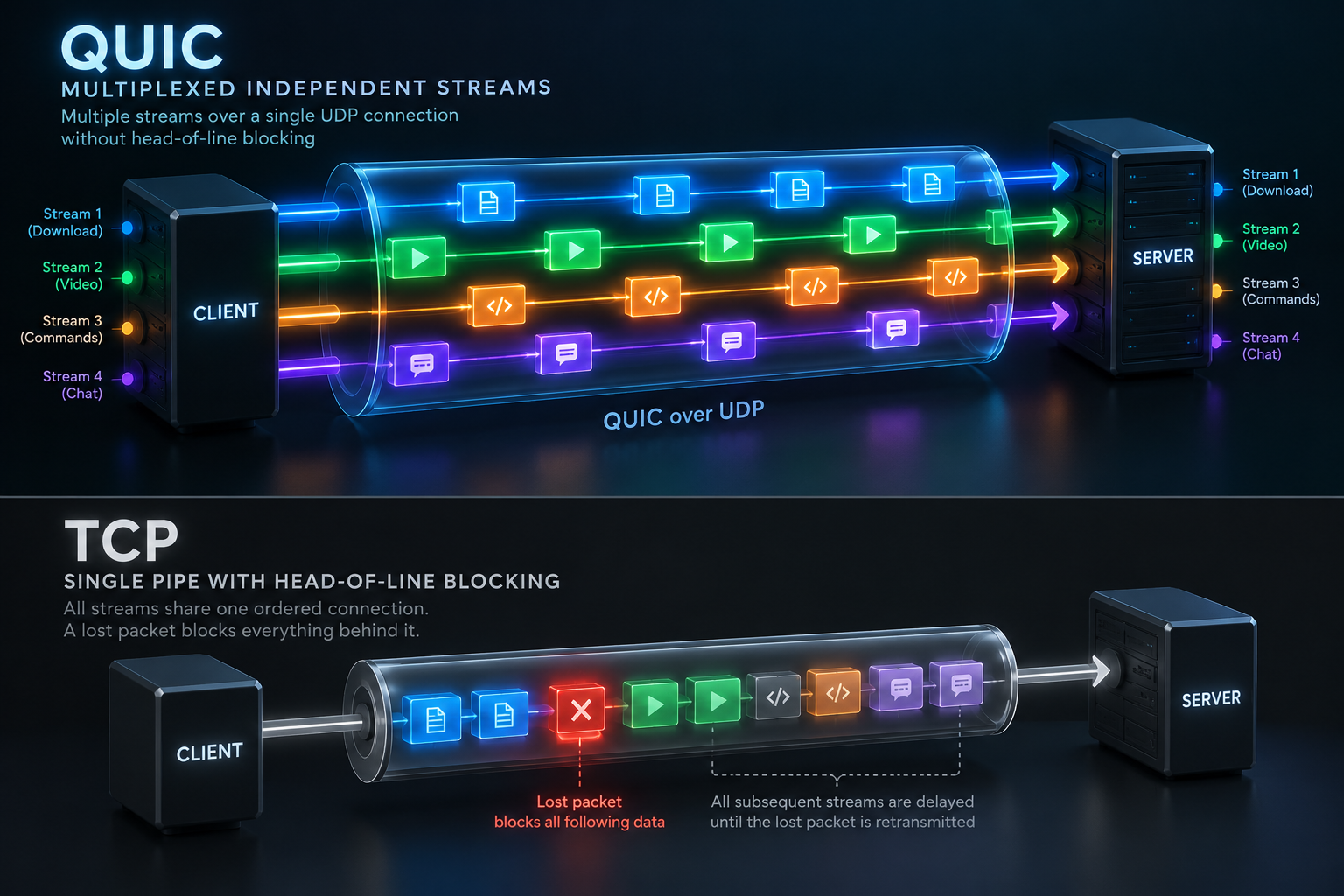 Clean technical diagram illustrating QUIC multiplexed streams versus TCP single-pipe byte stream, showing independent packet processing without head-of-line blocking.