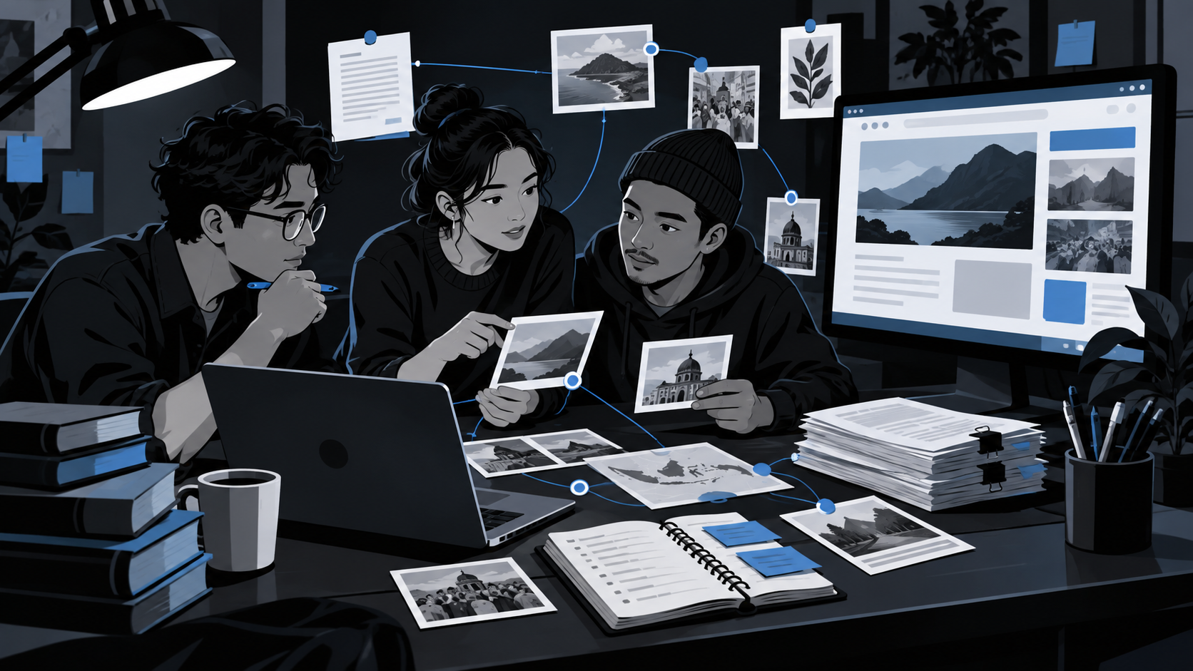 Original illustration of a web team reviewing content and source cards.