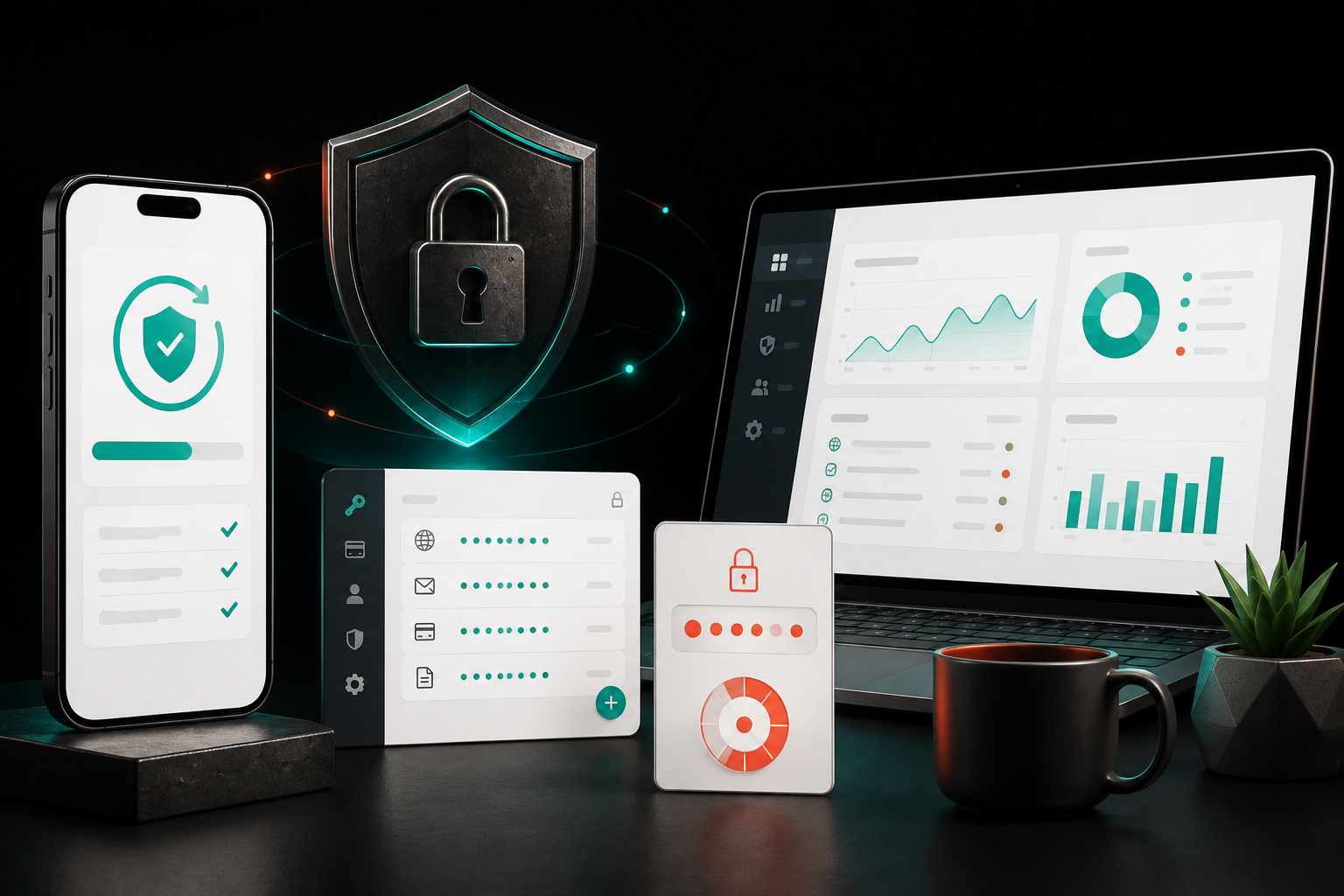Illustration of a phone security update, password manager, authentication code, and protected account dashboard.