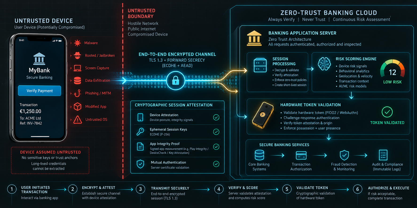 Dark technical concept diagram showing an untrusted mobile device client communicating over encrypted channels to a zero-trust banking cloud server with cryptographic attestation.