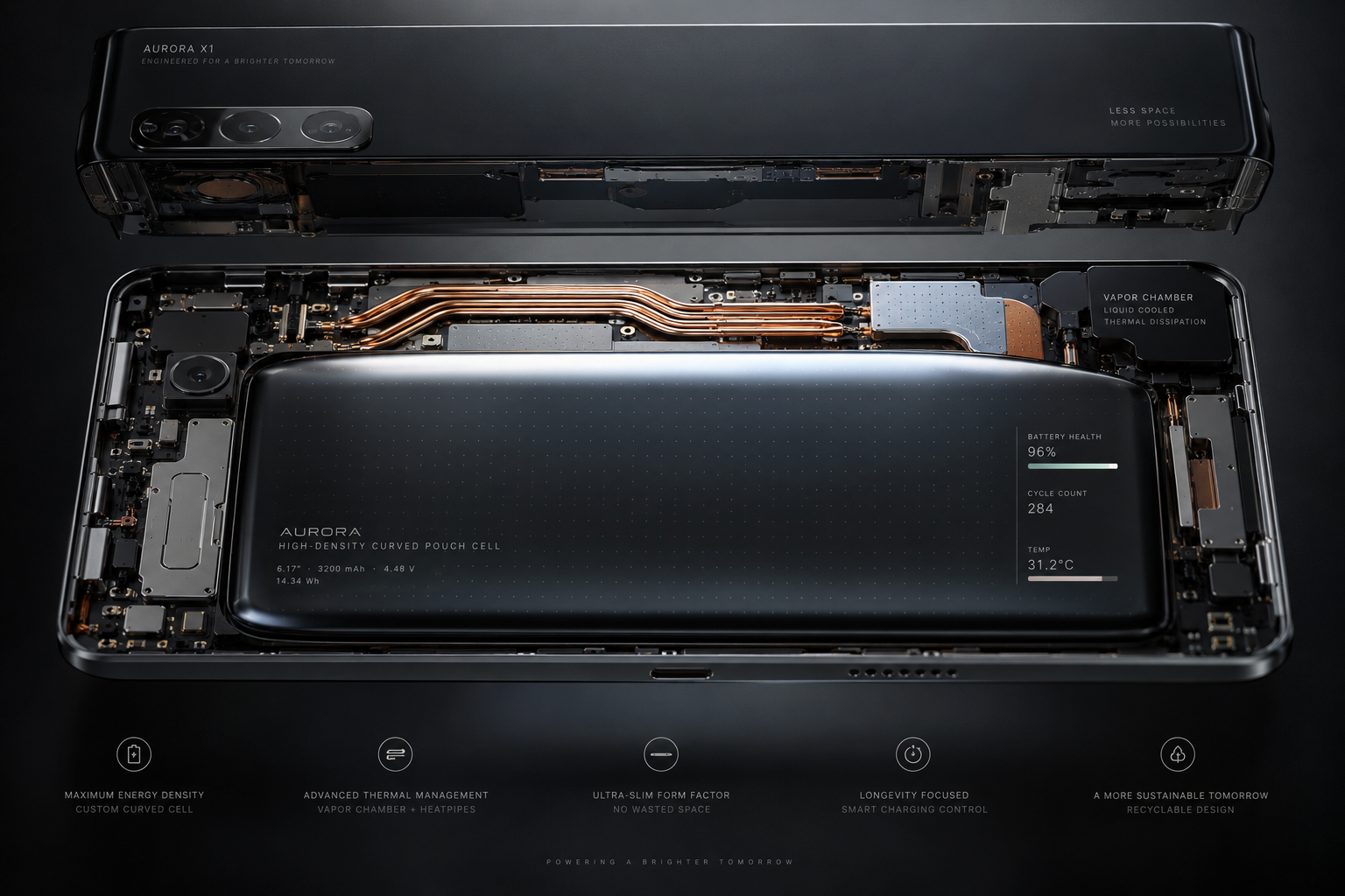 Engineering cutaway illustration of a slim smartphone chassis packed with a high-density lithium cell