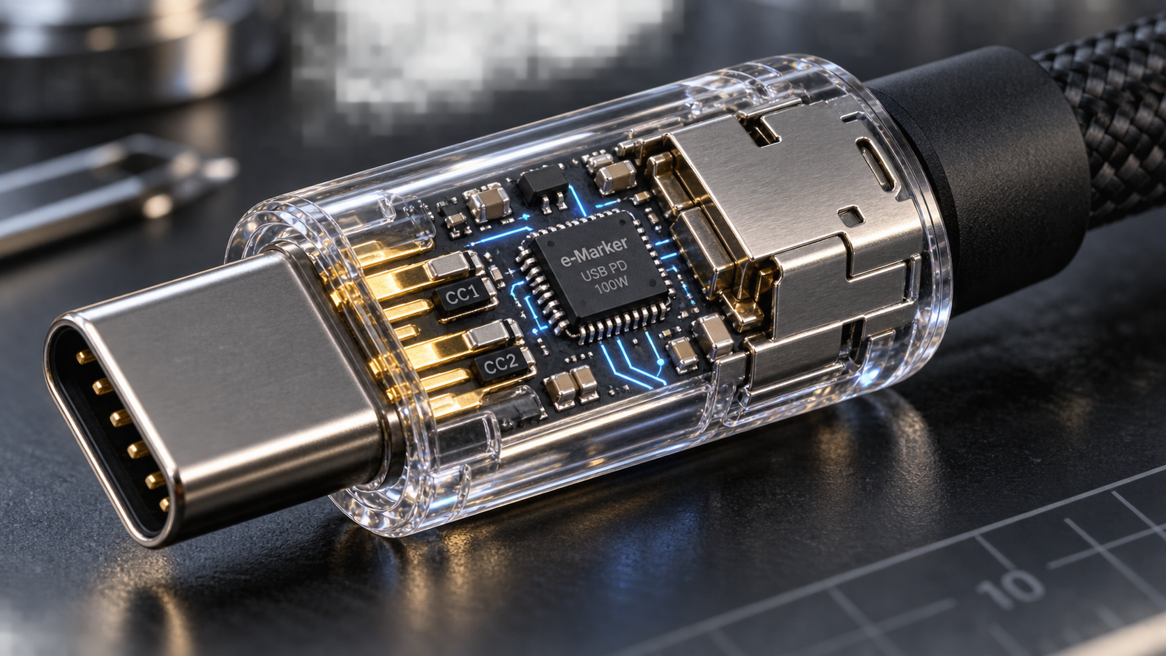 Macro transparent cutaway render of a USB-C cable connector head revealing the embedded e-Marker integrated circuit chip and gold-plated CC pins.