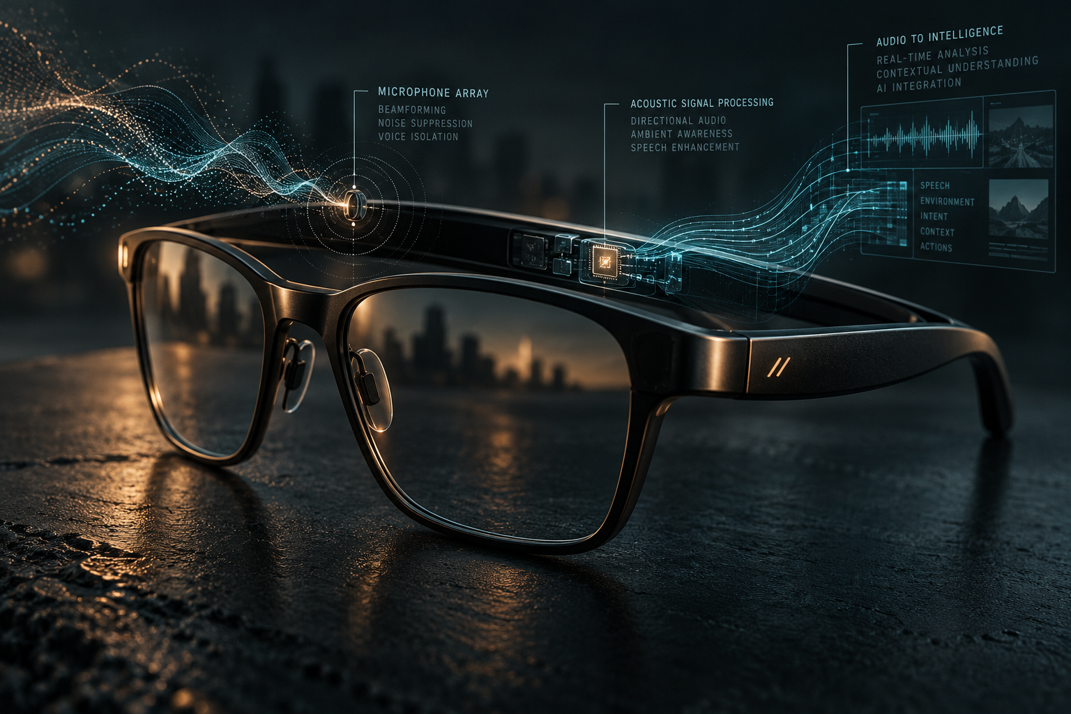 Dark technical editorial illustration of sleek modern smart glasses on a minimalist surface, with glowing microscopic audio waveform vectors radiating into digital data streams.