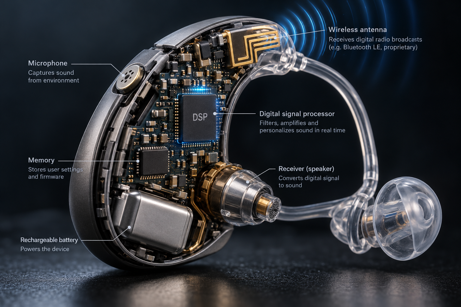 Detailed macro technical cutaway visualization of a modern smart hearing aid receiver with wireless microchip.