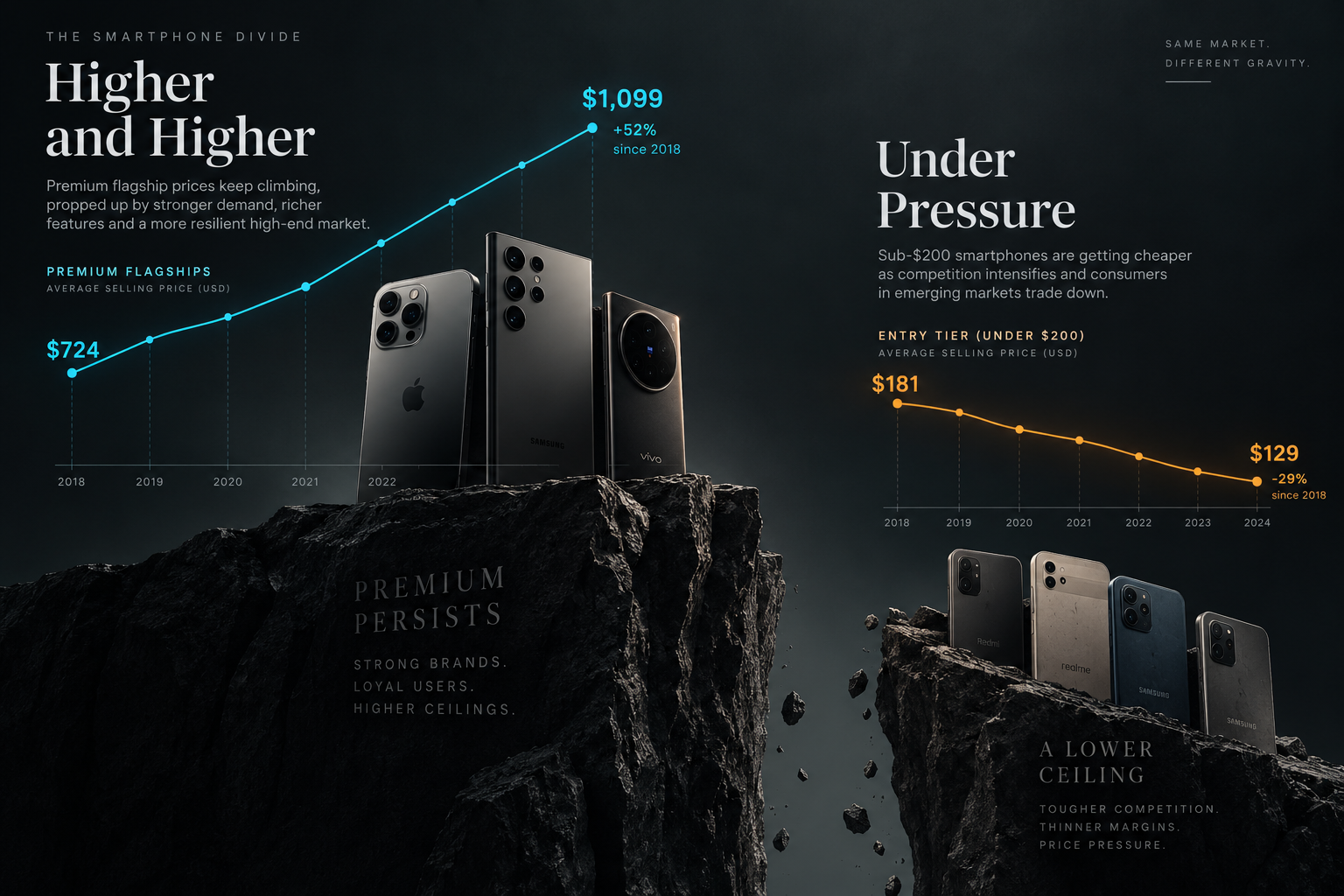 Editorial dark infographic showing the widening price gap between resilient premium smartphones and shrinking budget devices under 200 dollars.