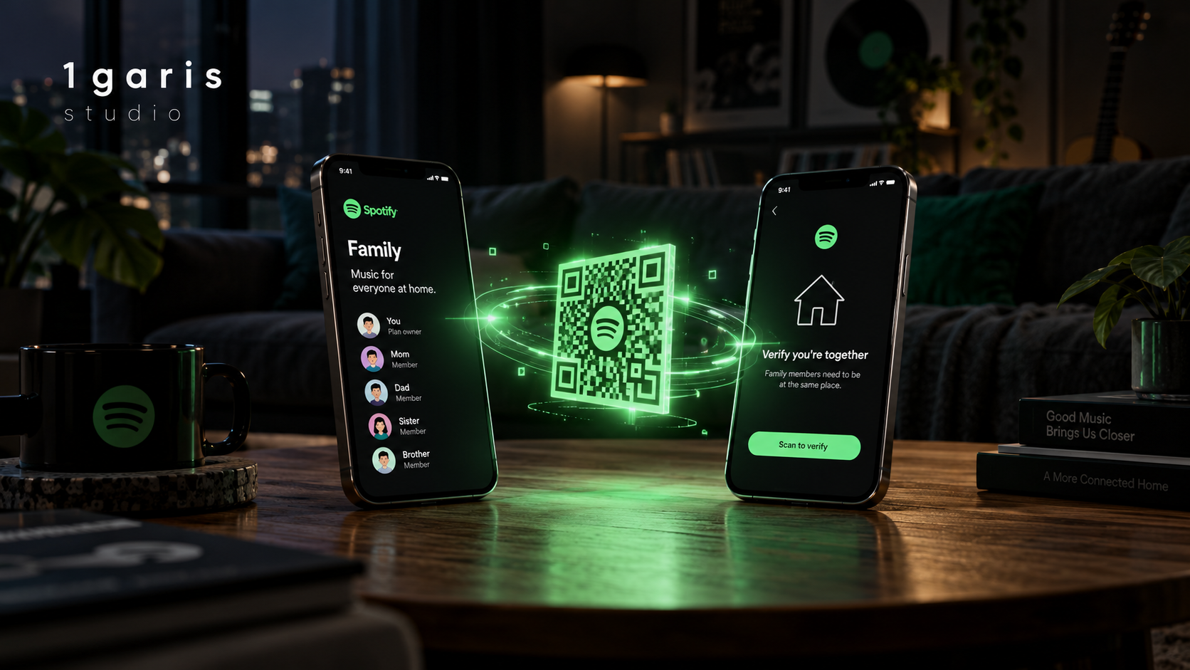 Conceptual editorial illustration of two modern smartphones exchanging an encrypted, glowing dynamic QR code in a dimly lit living room, highlighting subscription verification.