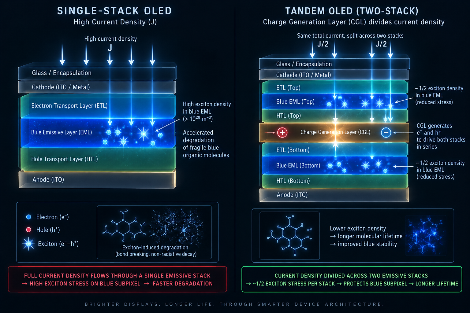 Dark technical schematic illustrating how splitting current density in a two-stack tandem OLED protects blue organic molecules from exciton degradation.