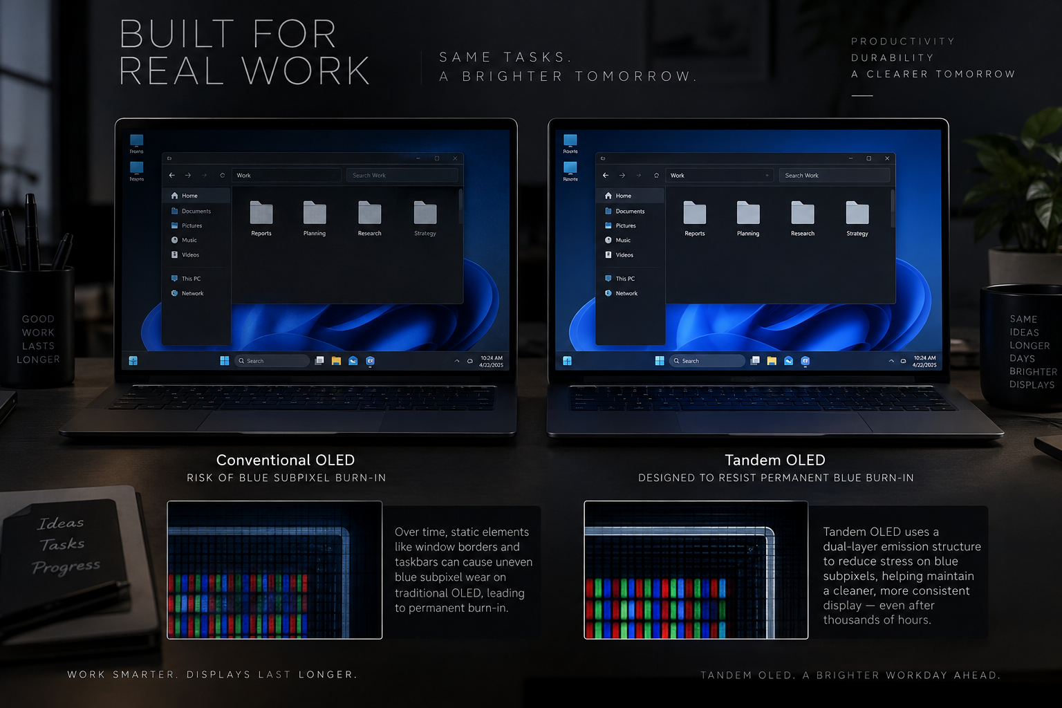 Dark editorial graphic showing desktop window borders and taskbar interface elements alongside monitor pixel protection mechanisms.