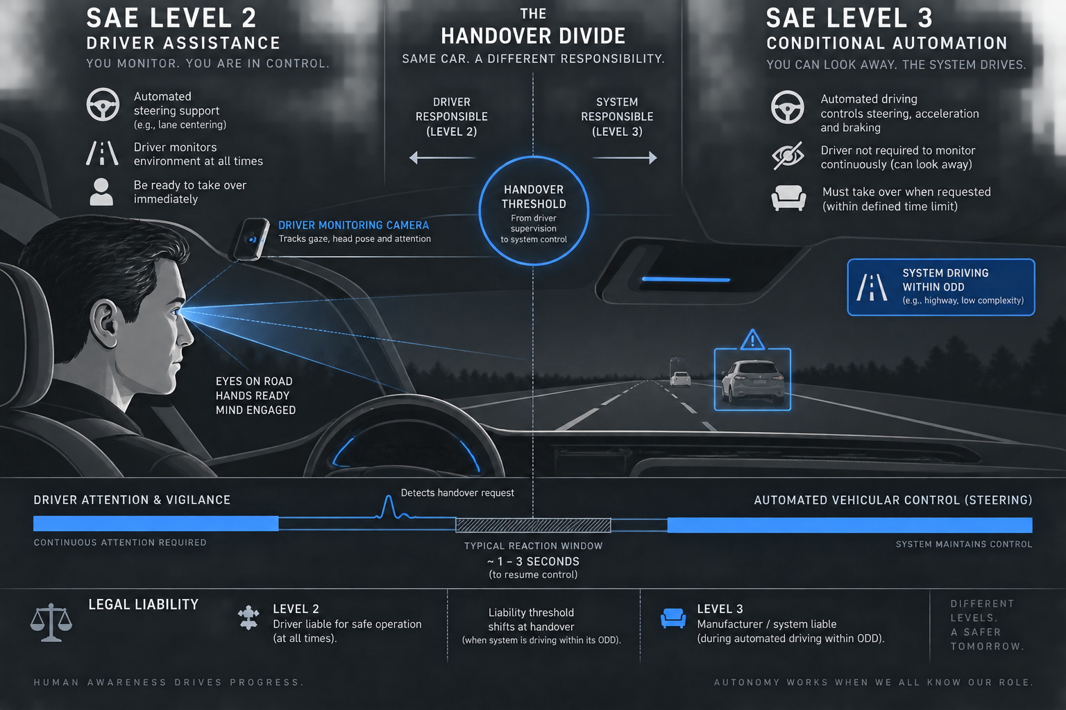 Technical editorial diagram illustrating the handover divide between SAE Level 2 and SAE Level 3 automation.