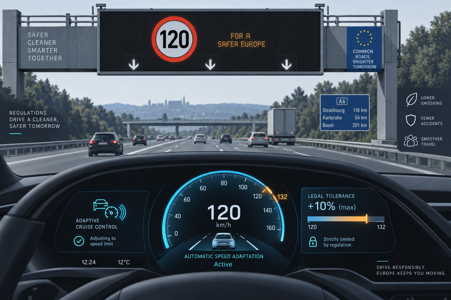 Editorial conceptual diagram illustrating highway speed limits and digital vehicle velocity tolerance.