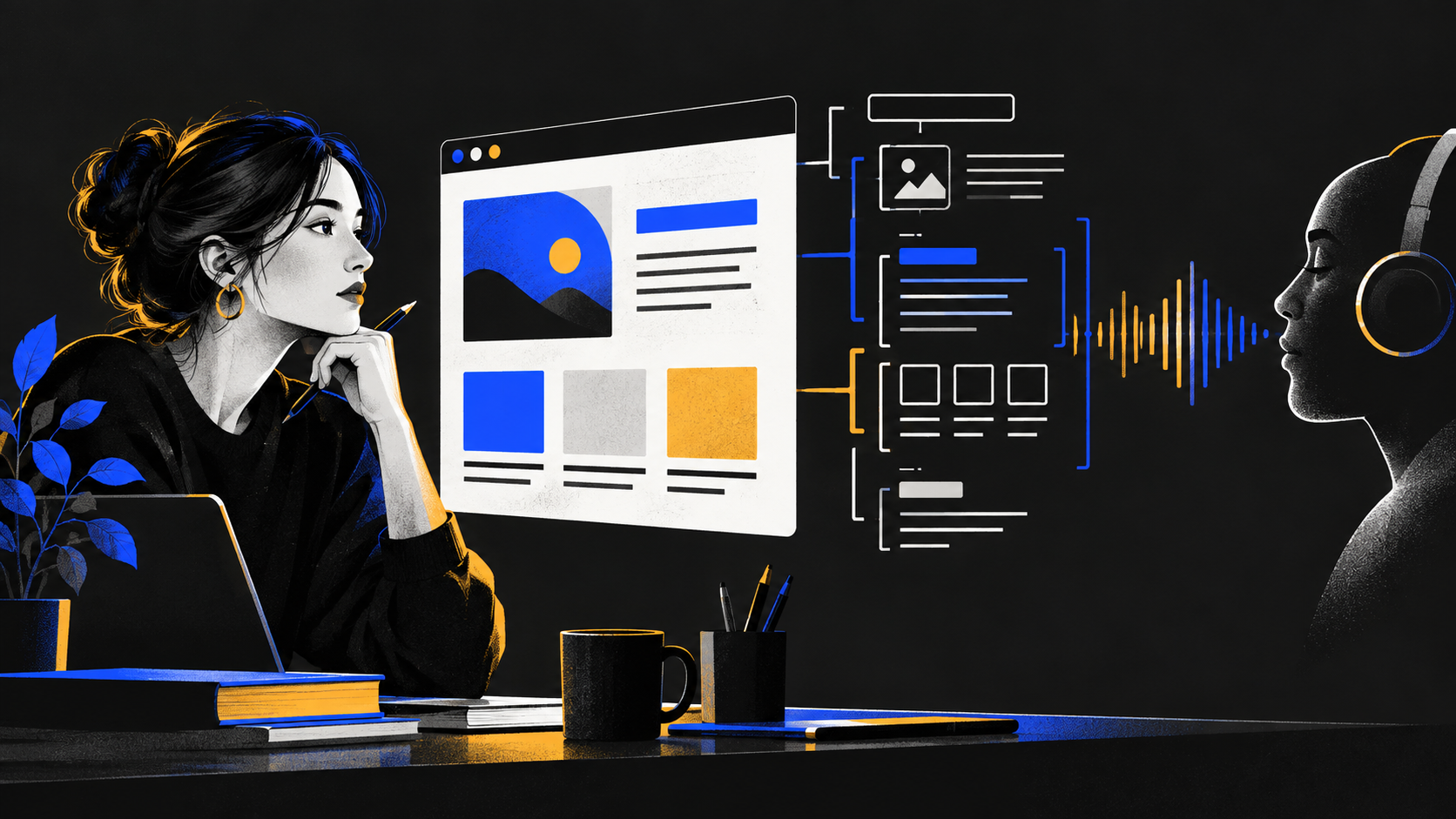 An original illustration of a designer reviewing semantic website structure and screen-reader output.