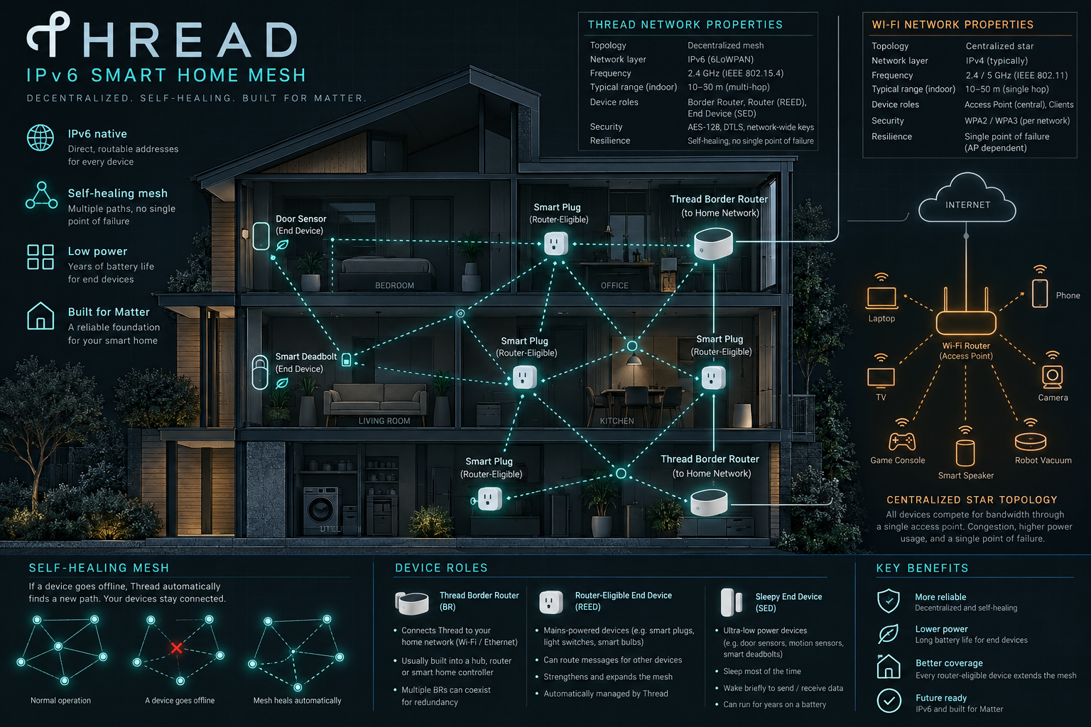Dark technical infographic diagram illustrating a Thread IPv6 smart home mesh network architecture with self-healing routing contrasted against centralized Wi-Fi.