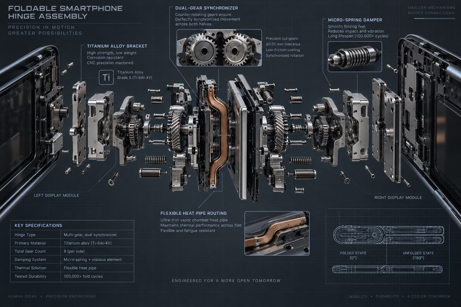 Technical 3D engineering visualization illustrating a multi-gear hinge assembly with dual synchronizers, titanium alloy brackets, and flexible spine routing