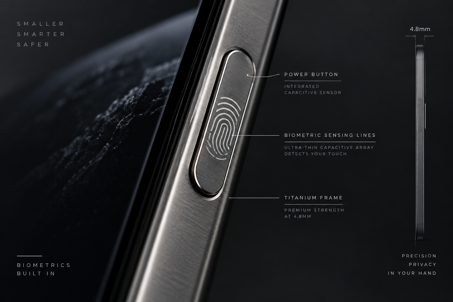 Technical diagram showing a modern smartphone power button with an integrated capacitive fingerprint sensor along a slim 4.8mm titanium edge