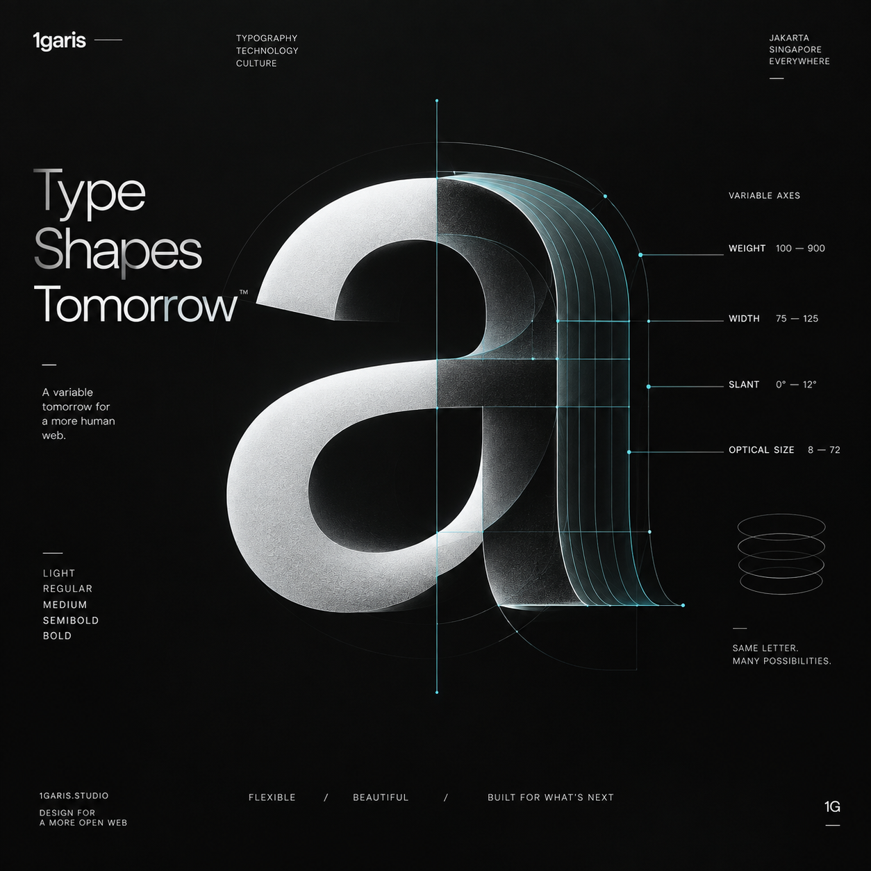 Minimalist high-end editorial graphic representing modern digital web typography, variable font axes, clean geometry, and architectural typography on dark background with sharp white and cyan accents.