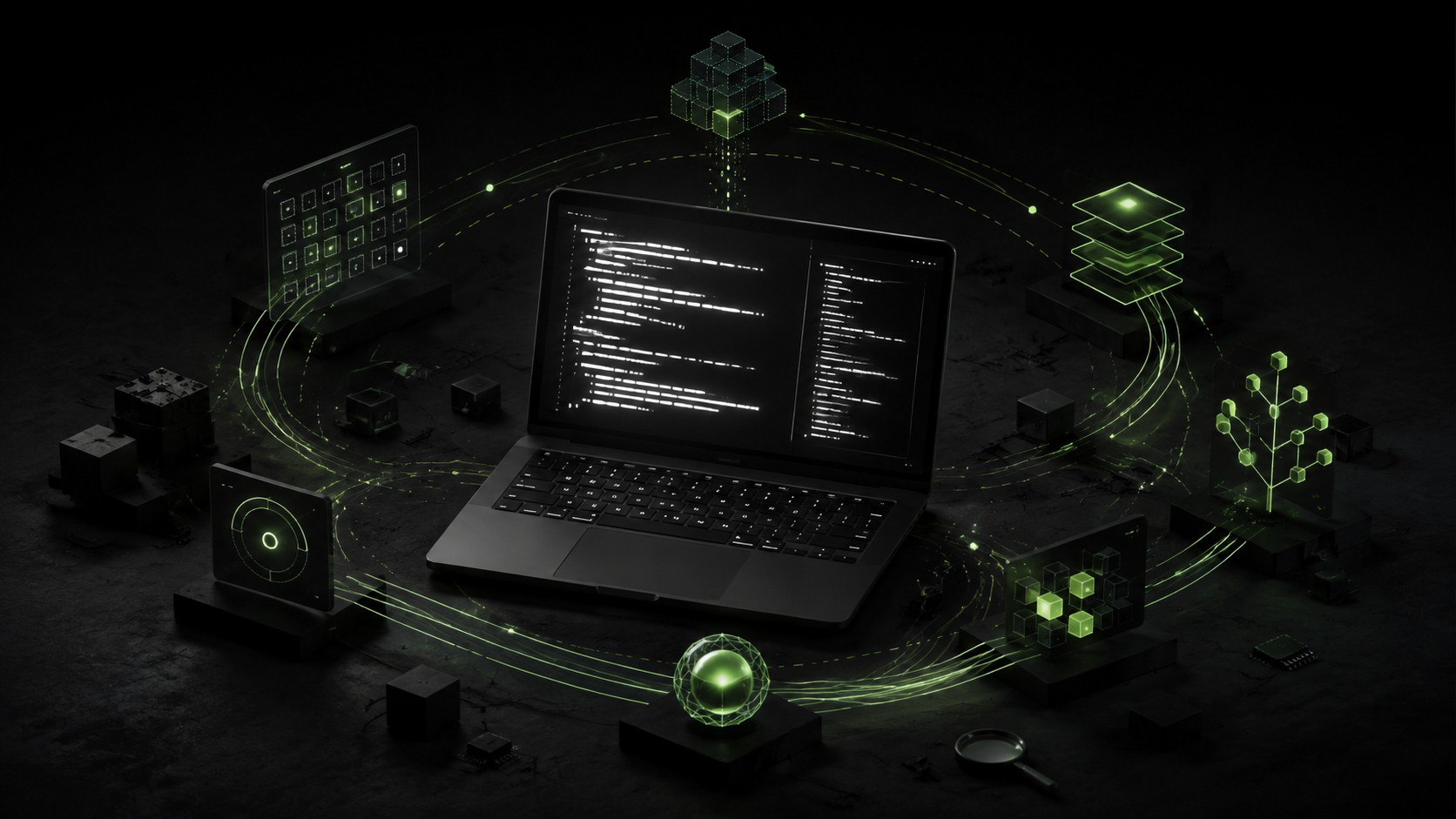 Illustration of a dark Linux workstation with abstract kernel workflow