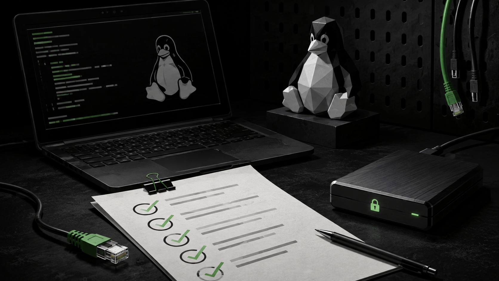 Illustration of a test laptop, checklist and backup drive