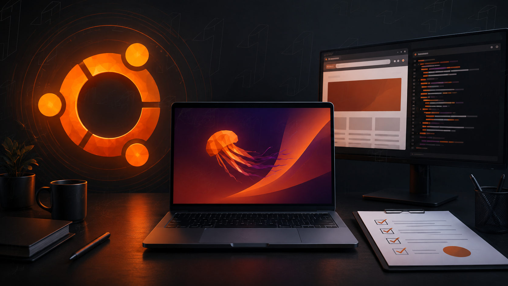 Editorial illustration of a web-team laptop, monitor, checklist, and warm orange release-readiness glow.